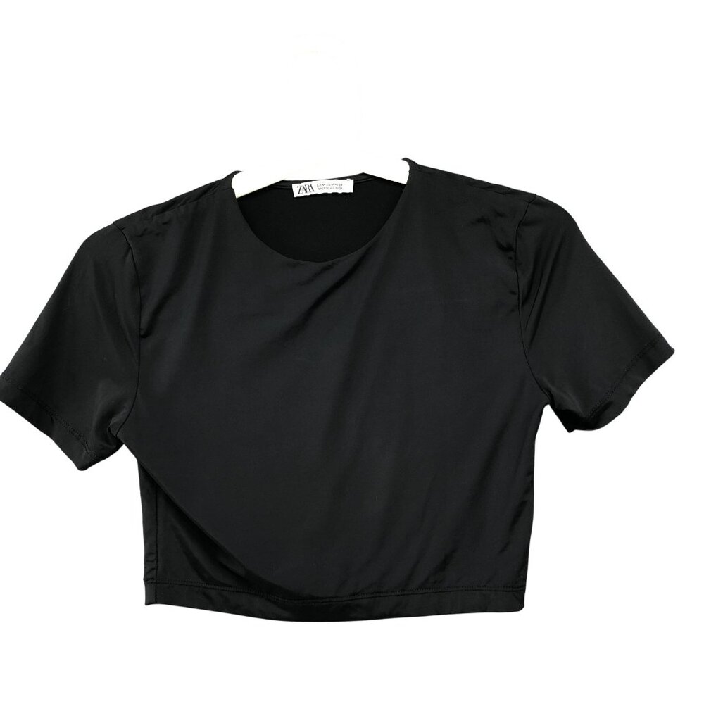 Zara Cropped T Shirt Womens M Black Short Sleeve Crewneck Stretchy Active